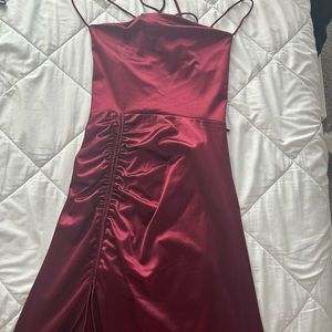 Red satin dress with slit